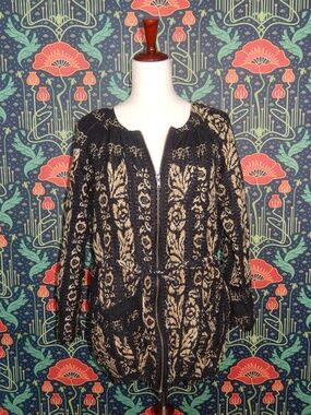 Burning Torch Black Tan Silk Linen Zip Front Jacket L